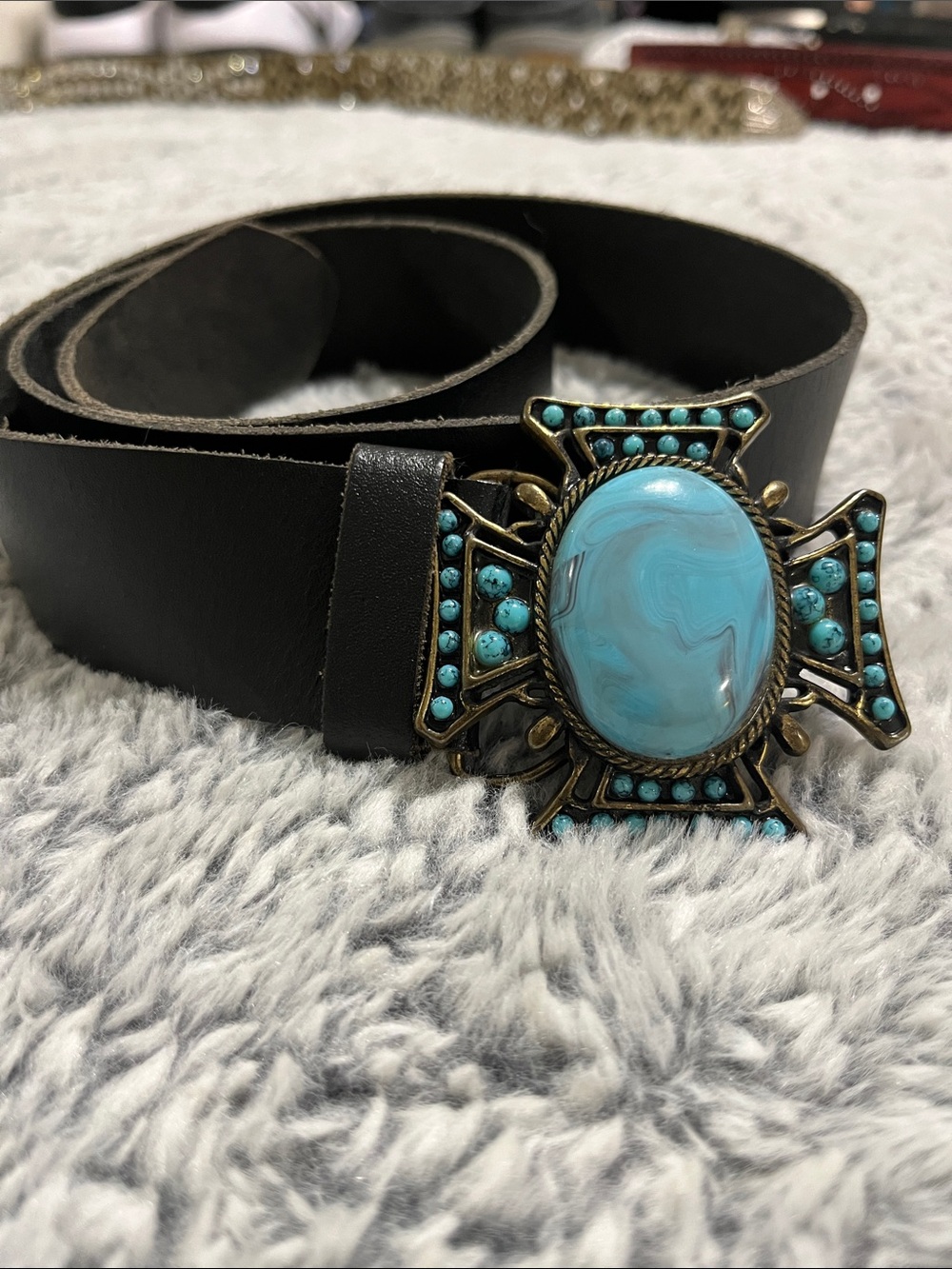 Point Zero Black Belt with Turquoise Stone Cross Buckle
